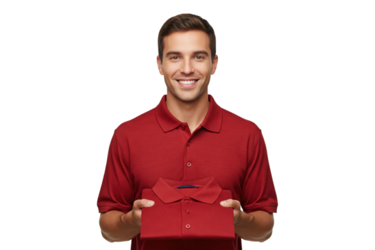 Smiling young man in red polo shirt holding folded matching shirt