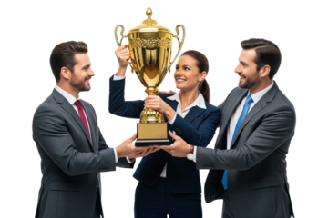 Happy team of business professionals celebrating success with large golden trophy