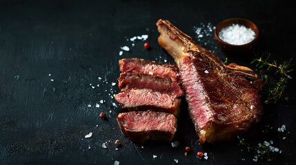 Close - Up of Grilled Dry - Aged Sliced Tomahawk Steak