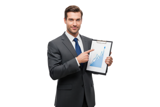 Smiling businessman in grey suit pointing at upward growth chart on clipboard against