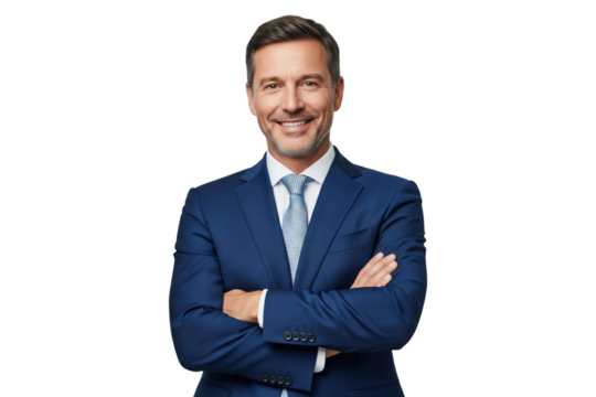 Confident mature businessman in blue suit with arms crossed