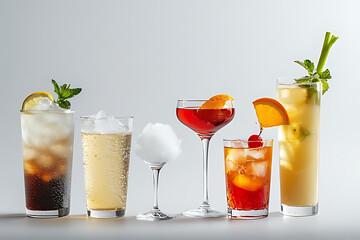 Five assorted cocktails with garnishes on a light gray background