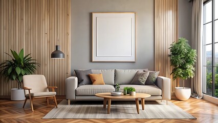 Frame mockup, ISO A paper size. Living room wall poster mockup. Interior mockup with house background. Modern interior design. 3D render