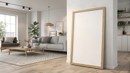 Frame mockup, ISO A paper size. Living room wall poster mockup. Interior mockup with house background. Modern interior design. 3D render