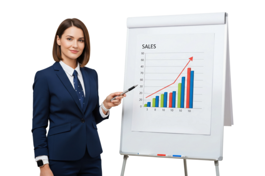 Confident businesswoman in blue suit presenting upward sales growth chart on flip board