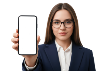 Confident businesswoman in glasses presenting smartphone with blank white screen
