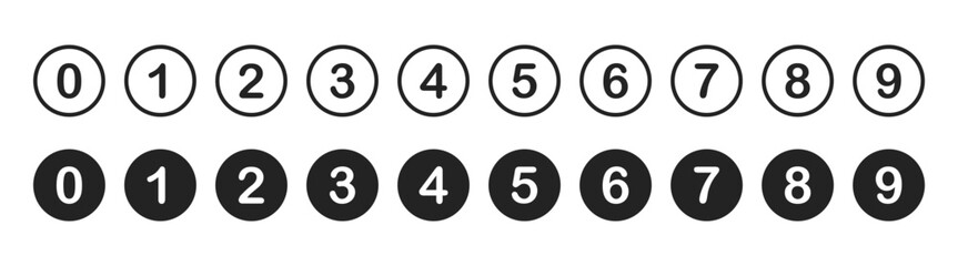 Buttons icon set, vector symbols, number icons, circle, round, font, graphic design, infographic, pictogram, badge, modern interface, calendar, transparent background