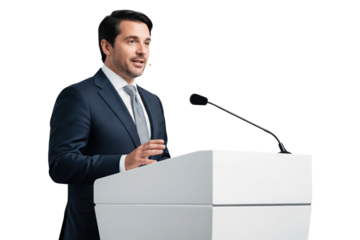 Confident businessman in suit speaking at podium with microphone