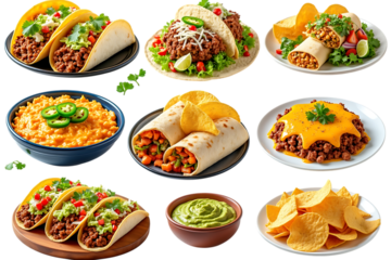 a variety of mexican food dishes including tacos, burritos, nachos, and chili, isolated on a transparent background