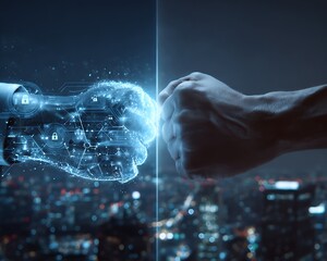 Human fist and digital ai fist colliding in a futuristic city skyline symbolizing technological advancement and connection