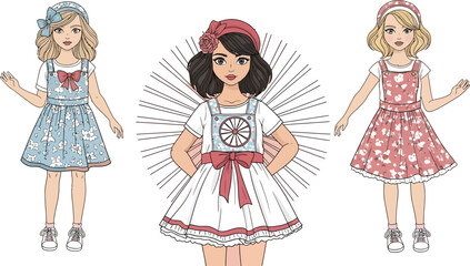 Three cartoon girls wearing dresses with floral patterns and headbands on a pink background art