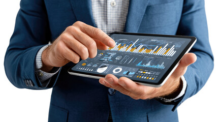 Data Analysis on Tablet: A close-up shot showcasing a professional's hand, poised above a digital tablet displaying intricate graphs and charts, signifying modern data analysis and business trends.