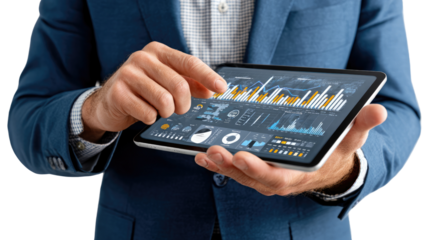 Data Analysis on Tablet: A close-up shot showcasing a professional's hand, poised above a digital tablet displaying intricate graphs and charts, signifying modern data analysis and business trends.