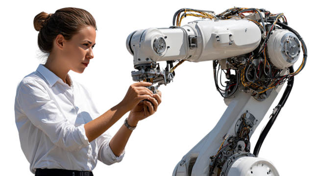 Woman Engineer with Robot: A focused engineer, clad in a professional shirt, meticulously examines the intricate mechanics of a robotic arm, her gaze fixed on its advanced technology.