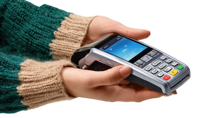 Embracing the Transaction: A person's hands delicately cradle a point-of-sale (POS) terminal, a close-up shot, showcasing the fusion of technology and commerce.