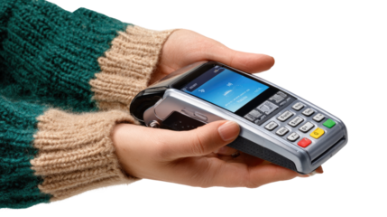 Embracing the Transaction: A person's hands delicately cradle a point-of-sale (POS) terminal, a close-up shot, showcasing the fusion of technology and commerce.