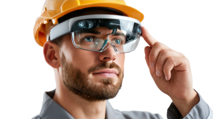Construction worker in safety glasses: A construction worker is wearing safety glasses and a hard hat and is focused.