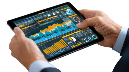 Analyzing Data on Tablet: A pair of hands skillfully navigates complex data visualizations on a sleek tablet, embodying the fusion of technology and business analytics.