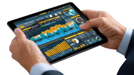 Analyzing Data on Tablet: A pair of hands skillfully navigates complex data visualizations on a sleek tablet, embodying the fusion of technology and business analytics.