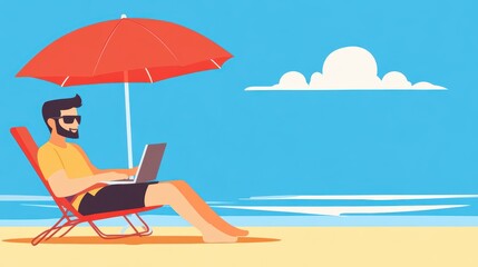 Fototapeta premium A man works on a laptop while relaxing under a red umbrella on the beach.