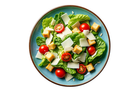  a fresh caesar salad with romaine lettuce, cherry tomatoes, croutons, and parmesan cheese, isolated on a transparent background
