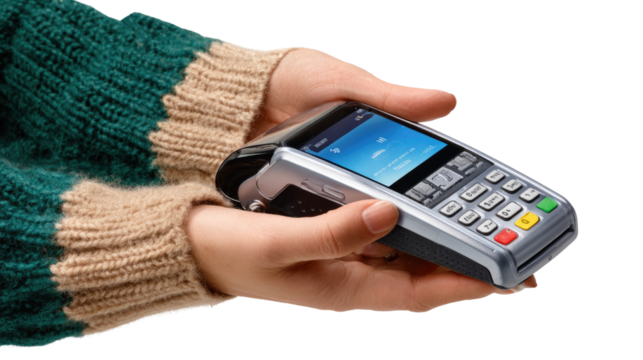 Embracing the Transaction: A person's hands delicately cradle a point-of-sale (POS) terminal, a close-up shot, showcasing the fusion of technology and commerce.