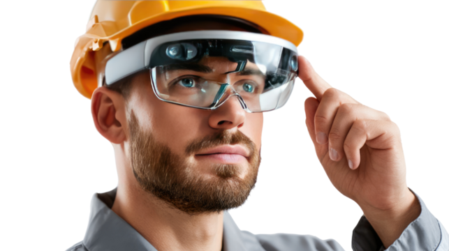 Construction worker in safety glasses: A construction worker is wearing safety glasses and a hard hat and is focused.