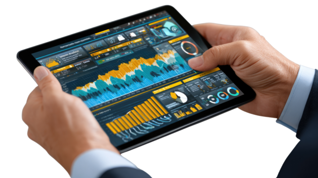 Analyzing Data on Tablet: A pair of hands skillfully navigates complex data visualizations on a sleek tablet, embodying the fusion of technology and business analytics.