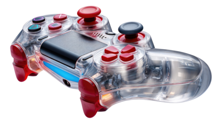 Transparent Gaming Controller: A close-up shot of a transparent, high-tech gaming controller. Its clear design reveals the internal components, offering a glimpse into the technology of gaming.