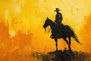 Lone cowboy sunset silhouette painting