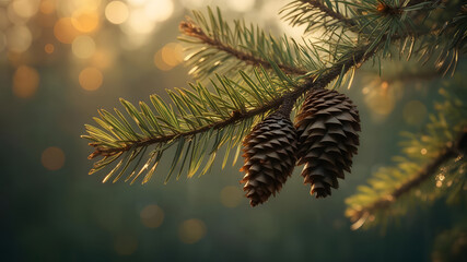 Sunrise Illuminates Pine Branch with Cones