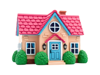 Cartoon house with a pink roof, blue door, and round window