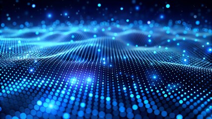 Photo of abstract digital wave pattern with glowing blue particles and light effects, representing futuristic technology and data flow