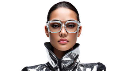 Radiant Elegance: A stunning model showcases modern glasses, her poised expression enhanced by the futuristic allure of the silver attire, captivating a contemporary appeal.