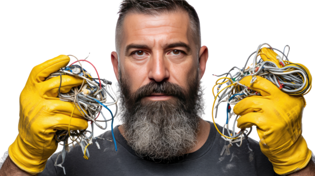 Electrician with Tangled Wires: A skilled electrician, with a focused gaze, holds a chaotic tangle of wires in a powerful display of mastery over complexity and control.