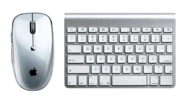 Minimalist Modern Technology: A sleek, top-down shot of a wireless keyboard and mouse, exemplifying minimalist design. Clean lines, and modern aesthetic, perfect for tech and design concepts.