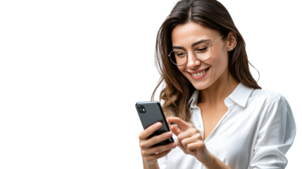 Modern Communication: A captivating woman, immersed in the digital world, engages with her smartphone, showcasing the seamless connectivity of the present era.