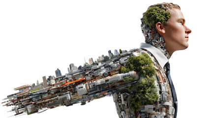 Future City on shoulders : a man's body melds seamlessly with a cityscape and environmental element showing a connection between people and urban environments.