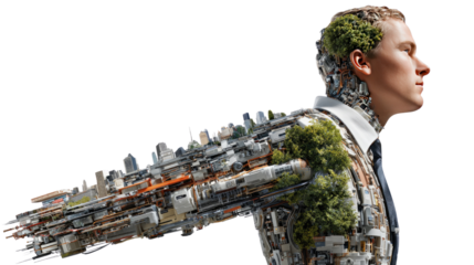 Future City on shoulders : a man's body melds seamlessly with a cityscape and environmental element showing a connection between people and urban environments.