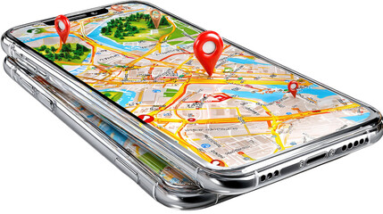 Mobile Navigation: A sleek smartphone showcases a detailed navigation map, highlighted with multiple location markers indicating routes and destinations.