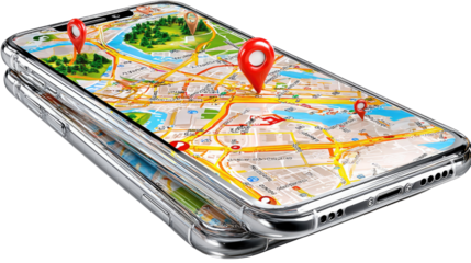 Mobile Navigation: A sleek smartphone showcases a detailed navigation map, highlighted with multiple location markers indicating routes and destinations.