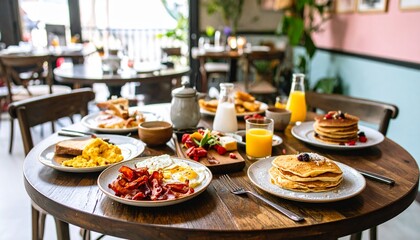 Delicious Brunch Spread Featuring Pancakes Eggs Bacon and Fresh Orange Juice.