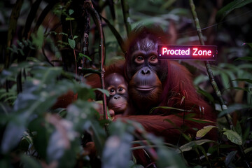 Majestic mother orangutan embraces her curious baby amidst lush jungle foliage, highlighting conservation efforts with a neon sign.