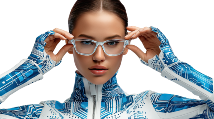 Digital Vision: A futuristic female figure, adorned in a circuit board-inspired bodysuit, elegantly adjusts her glasses, portraying a striking blend of human and technological advancement.