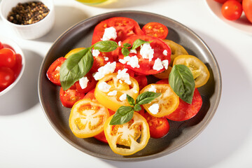 Sliced fresh tomato salad with basil leaves sprinkled with feta cheese