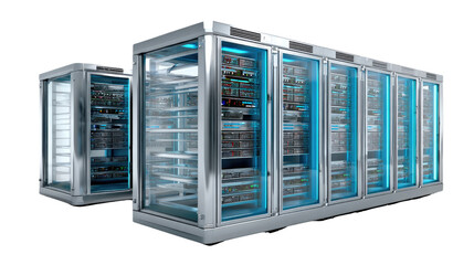 Data Centers: Illustrating modern data centers, the image showcases a series of sleek, secure server racks housed within a transparent, technologically advanced facility.