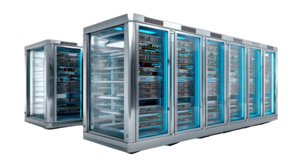 Data Centers: Illustrating modern data centers, the image showcases a series of sleek, secure server racks housed within a transparent, technologically advanced facility.