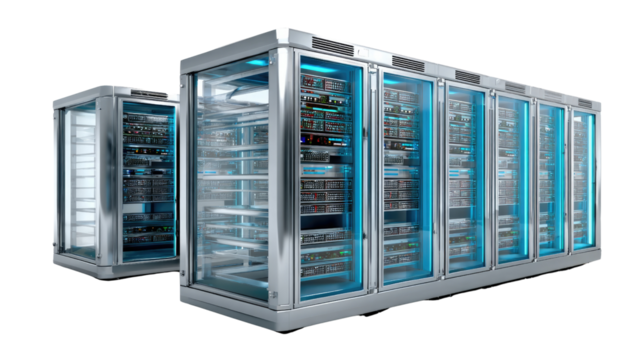 Data Centers: Illustrating modern data centers, the image showcases a series of sleek, secure server racks housed within a transparent, technologically advanced facility.