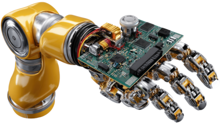 Robotic Hand Holding Circuit Board: A close-up, highly detailed shot of a mechanical hand delicately holding a circuit board, showcasing advanced technology and the future of robotics.