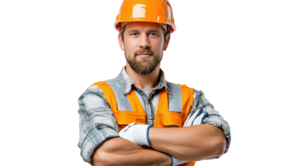 Confident Builder: A construction worker, hands folded in front of him, confidently looks into the camera. He is clad in safety gear, showcasing his dedication and skill in his field of work.